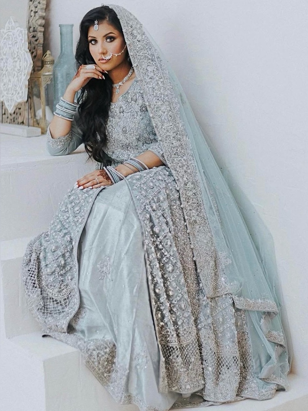 Embellished Mint Green Women's Pakistani Bridal Dress